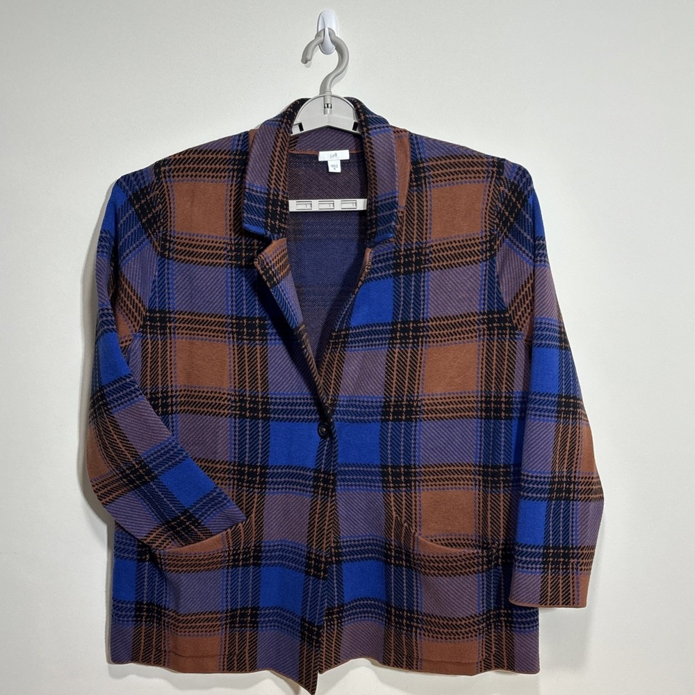 J Jill Tartan Plaid Knit Blazer Jacket Blue Rust Fall‎ Business Casual Women XL